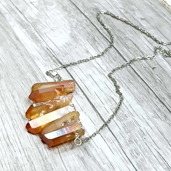 Dyed Orange Aura Quartz Crystal Point Necklace, Stainless Boho Statement 18" - Picture 4 of 7